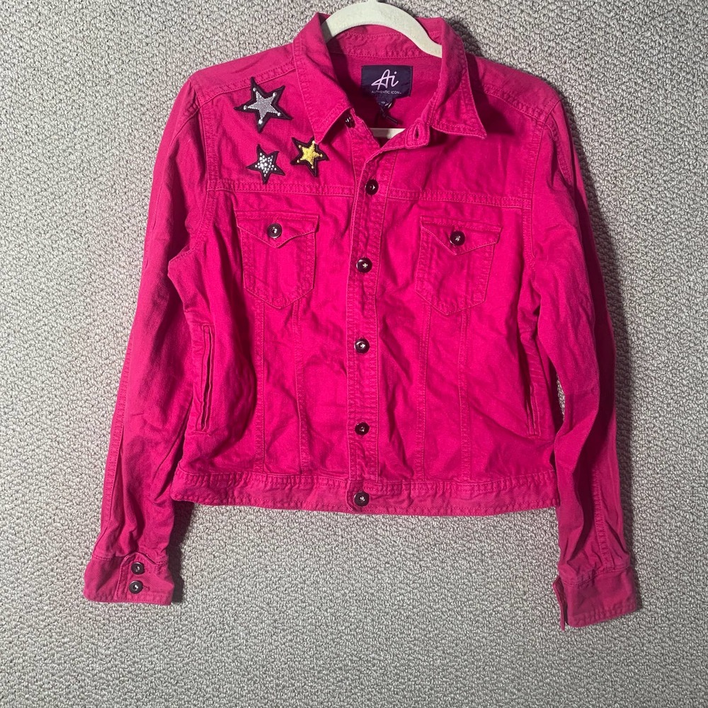 AI Authentic Icon Jacket‎ Girls Large Pink Denim Button Front Star Pockets